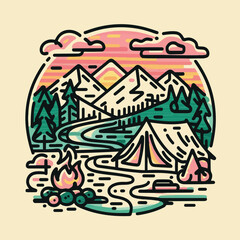 A captivating illustration of a serene mountain morning, featuring a picturesque campsite nestled in a lush, green valley. The scene is framed by towering, snow-capped peaks that stretch into the sky. - obrazy, fototapety, plakaty