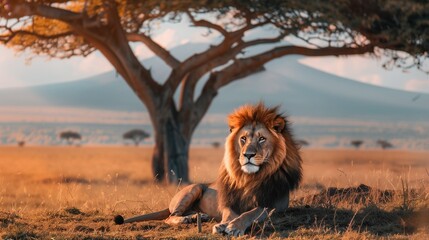 a lion resting under a tree