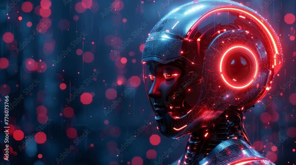 Poster Humanoid robots programming artificial intelligence. Cyborgs programming artificial intelligence. AI in the industrial revolution. Machines looking at screens. Deep machine learning. Back view.