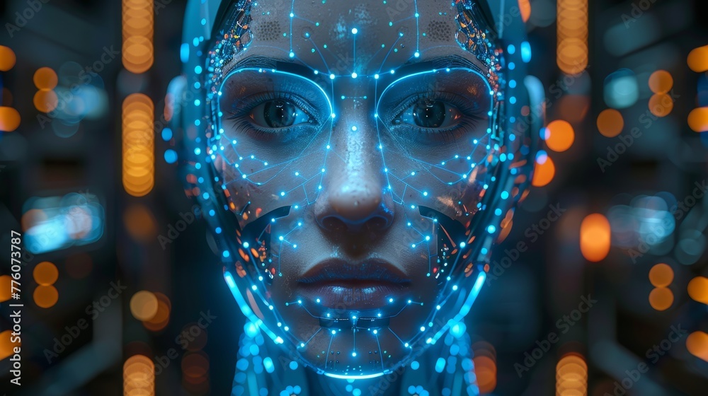 Poster An image of an AI or artificial intelligence in an image robot head hovering over a podium in virtual cyberspace. A humanoid face of a mechanical cyborg with an electronic mind or brain. Neural
