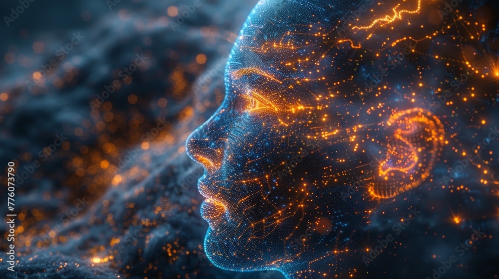 Poster In the image of God, a system administrator creates a neural network. Digital AI is developed in image robots using artificial intelligence. Developers create a cybernetic brain. 3D rendering is