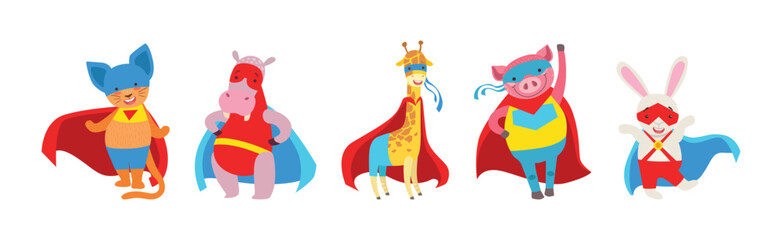 Animals Dressed As Superheroes with Cape And Mask Vector Set