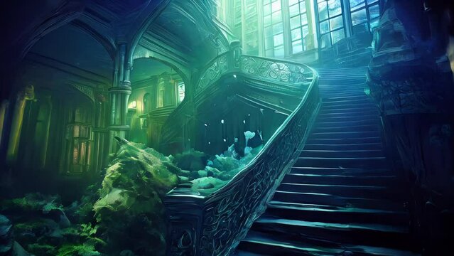 A haunting and somber interior of the Titanic shipwreck, where time stands still, revealing remnants of a once luxurious and grandeur-filled space now engulfed in darkness and silence. AI-generated