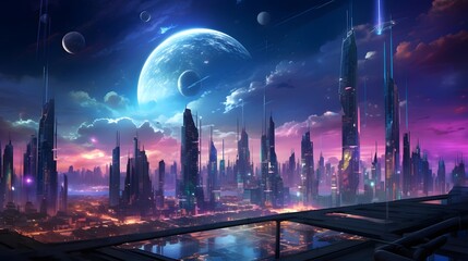 Futuristic city panorama with skyscrapers and planet.