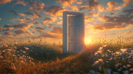 A door is open in a field of flowers, with the sun setting in the background. The scene is serene and peaceful, with the door inviting the viewer to step inside and explore the beauty of the field