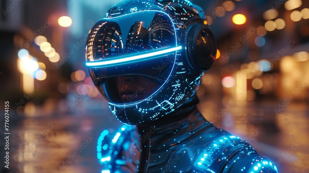 Poster Symbol of a man in VR AR 3D futuristic headset in virtual reality simulation in cyberpunk attire. Metaverse world concept. Video computer gamer in cyberspace. Digital technology entertainment.