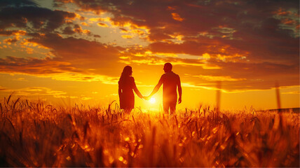 A couple is walking in a field with the sun setting in the background. Scene is romantic and peaceful