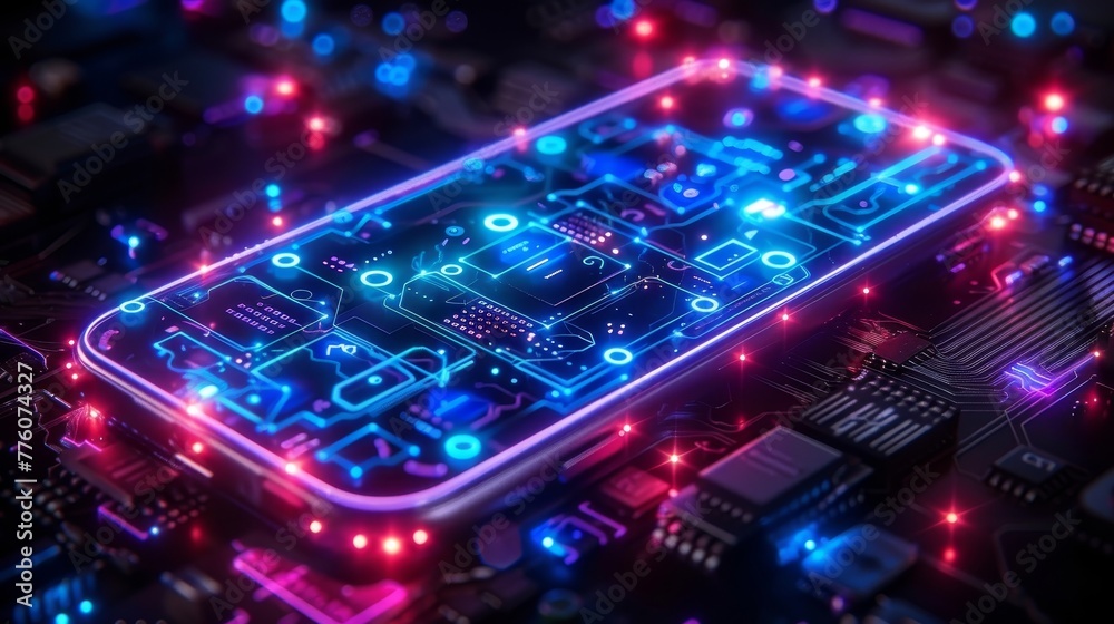 Aufkleber Phone mobile application development concept. Designing software and hardware for mobile devices. Programming of internet web services for mobile phones.