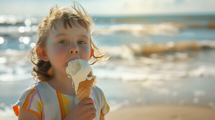 Niña comiendo un helado en la playa  - obrazy, fototapety, plakaty