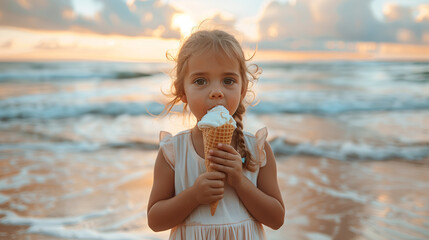 Niña comiendo un helado en la playa  - obrazy, fototapety, plakaty