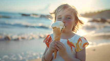 Niña comiendo un helado en la playa  - obrazy, fototapety, plakaty