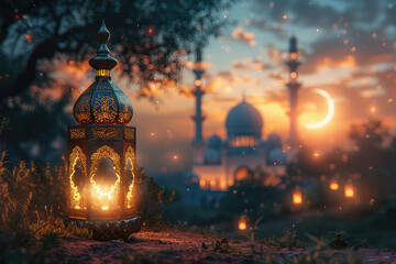 Eid mubarak and ramadan kareem greetings with an Islamic lantern and mosque in the style of Eid al fitr background. Created with Ai