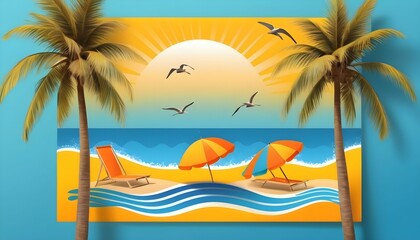 Fototapeta na wymiar A beautiful summer poster with ocean palm trees and birds around sunset view 