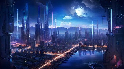 3D rendering of a futuristic city at night. Futuristic city in the background.