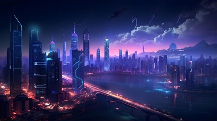 Panoramic view of modern city at night with neon lights.