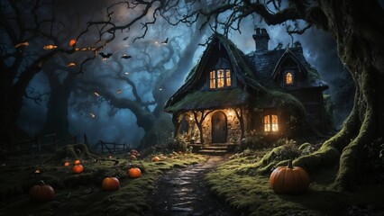 Fototapeta na wymiar Enchanted Forest Cottage, A Fairy Tale Scene of Magic and Mystery,halloween night 