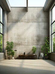 A large room with a concrete wall and a window