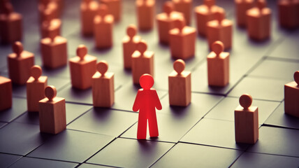 A conceptual image of one red figurine standing out in a grid of brown figurines, symbolizing individuality and leadership in society.
 - Powered by Adobe