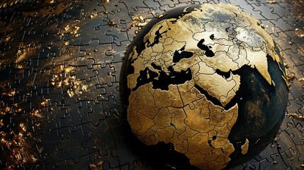 Jigsaw puzzle globe, gold continents on black oceans, modern design, luxurious and worldly ambiance , sci-fi tone, technology