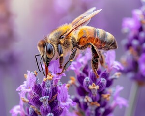Closeup of a bee pollinating a vibrant purple lavender flower, with fine details of pollen and the intricate patterns of the lavender blooms