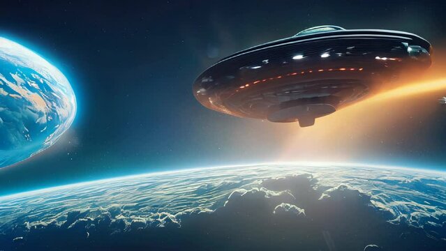 A flying saucer is soaring through space. It is unidentified flying object, high up in the planet Earth sky. It is a vision of an alien invasion and extraterrestrial life. AI-generated.