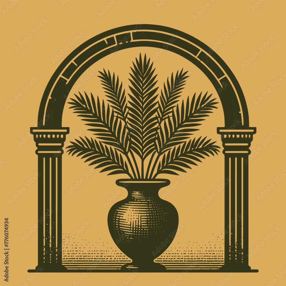 Wall mural Palm leaves in a large vase. antique columns with an arch. Beautiful vintage engraving illustration, emblem, isolated object