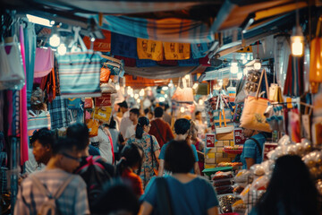 A photo of a busy street market with people buying and selling goods