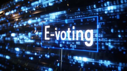 Digital Concept of E-Voting Technology, futuristic representation of electronic voting with digital data streams and the text E-voting highlighted