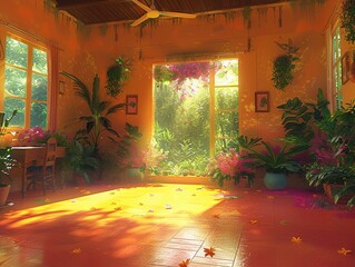 A room with a lot of plants and a window - 776074987