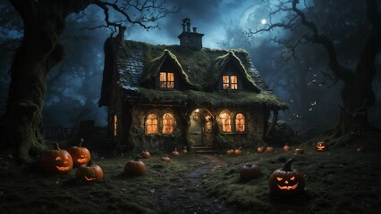 Fototapeta na wymiar halloween house with pumpkin,A Tale of Twisted Trees and Fairy Tale Magic