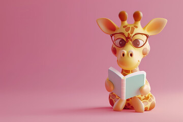 3D rendering of a cute giraffe wearing glasses reading a book on a pink background