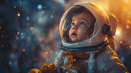 a tiny newborn baby girl as an astronaut, in space,generative ai