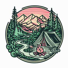 A captivating illustration of a serene mountain morning, featuring a picturesque campsite nestled in a lush, green valley. The scene is framed by towering, snow-capped peaks that stretch into the sky.