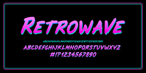 Retro Font Type in Synth wave and Retro wave style video games. Retrofuturistic neon font type alphabet with numbers of the 80s - 90s. Synth wave and Retro wave neon frame. Perfect vector template