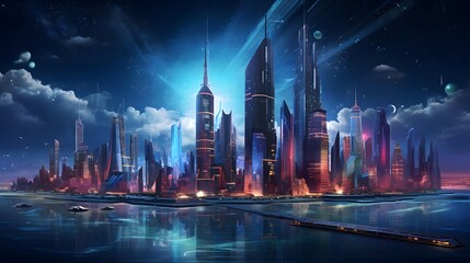 Night city panorama with modern skyscrapers. 3d rendering