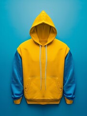 A yellow and blue hoodie with a yellow hood - 776075563