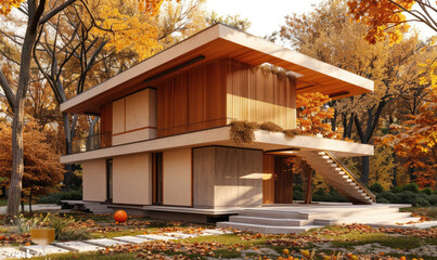 3D rendering of a modern two-story house with a wooden roof, beige walls and brown wood details. The building stands on the grass near trees in autumn
