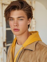 A young man with brown hair and a yellow hoodie - 776075597