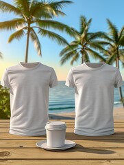 Two white t-shirts are displayed on a table next to a cup and a bowl - 776075931