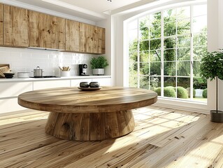 A large wooden table sits in a kitchen with a window in the background - 776075954