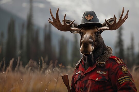 Moose Mountie, a moose in Canadian Mountie uniform, patrolling a national park , hyper realistic