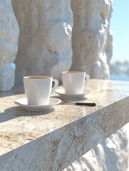 Two white coffee cups on a table with a spoon next to them - 776076105