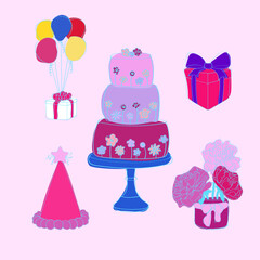 A colorful birthday card featuring a delicious cake with festive balloons, a gift box, and flowers perfect for celebrating special occasions like birthdays