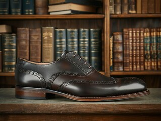 A brown shoe with a black lace sits on a table in front of a bookcase - 776076145