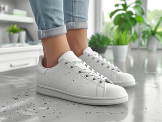 A pair of white sneakers with a white laces - 776076173