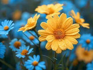 A field of flowers with a blue and yellow flower in the foreground - 776076194