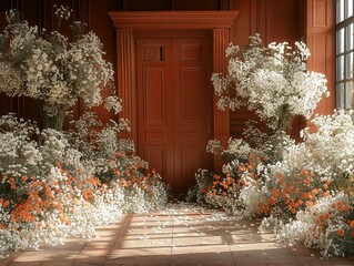 A large room with a red door and white flowers