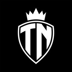 TN Letter monogram shield and crown outline shape with black and white color design