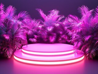 A pink stage with two steps and a palm tree in the background