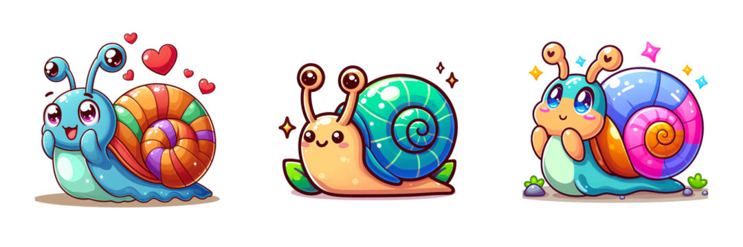 Set of Vector of cute snail cartoon illustration, isolated over on transparent white background